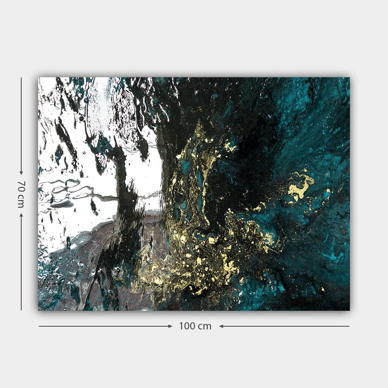 Canvastavla 70x100 cm - Abstrakt konst med flödande former i djupblå och guldiga nyanser - Mörkblå / Guld / Svart - Inredning - Tavlor & konst - Canvastavlor