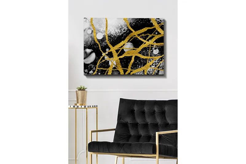 Canvastavla 70x100 cm - Abstrakt konst med guldtrådar som skapar dynamiska linjer mot en svart och vit bakgrund, Guld / Svart / Vit