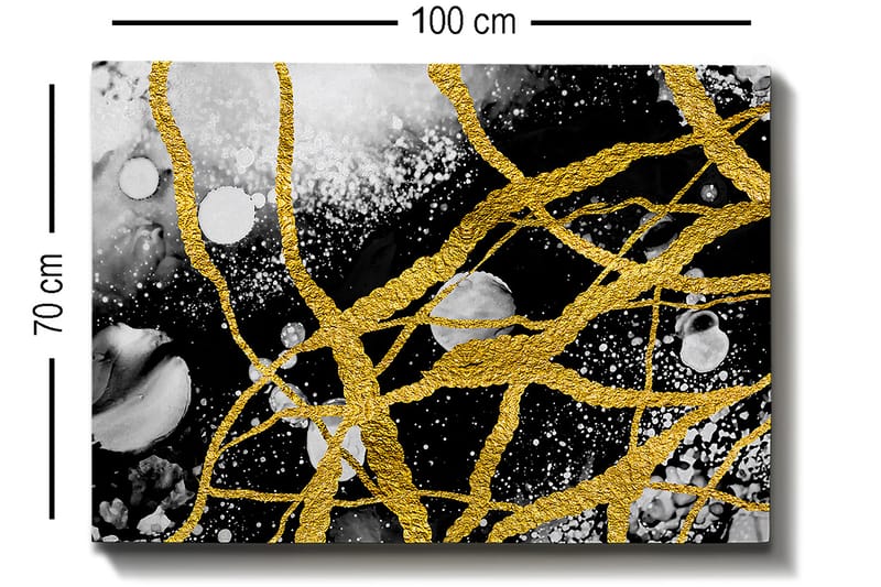 Canvastavla 70x100 cm - Abstrakt konst med guldtrådar som skapar dynamiska linjer mot en svart och vit bakgrund - Guld / Svart / Vit - Inredning - Tavlor & konst - Canvastavlor
