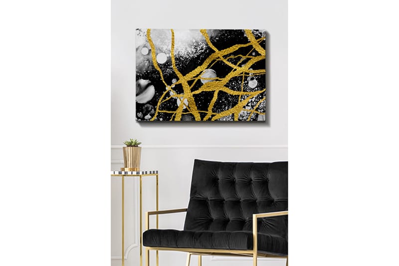 Canvastavla 70x100 cm - Abstrakt konst med guldtrådar som skapar dynamiska linjer mot en svart och vit bakgrund, Guld / Svart / Vit