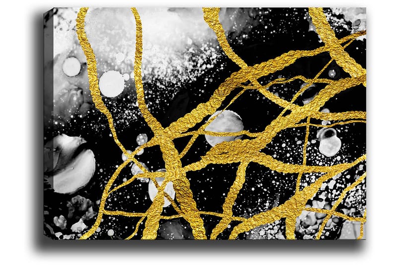 Canvastavla 70x100 cm - Abstrakt konst med guldtrådar som skapar dynamiska linjer mot en svart och vit bakgrund - Guld / Svart / Vit - Inredning - Tavlor & konst - Canvastavlor