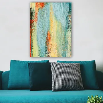 Canvastavla 70x100 cm - Abstrakt konst med inslag av blå och orange nyanser som skapar en dynamisk textur - Blå / Orange / Grön - Inredning - Tavlor & konst - Canvastavlor
