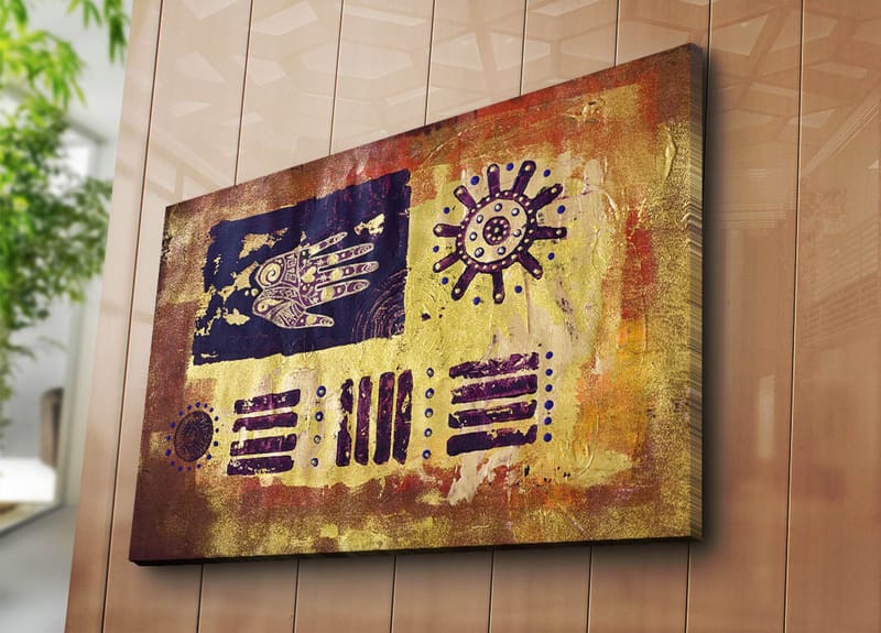 Canvastavla 70x100 cm - Abstrakt konst med symboler och mönster i en färgglad komposition - Guld / Mörkblå / Lila - Inredning - Tavlor & konst - Canvastavlor