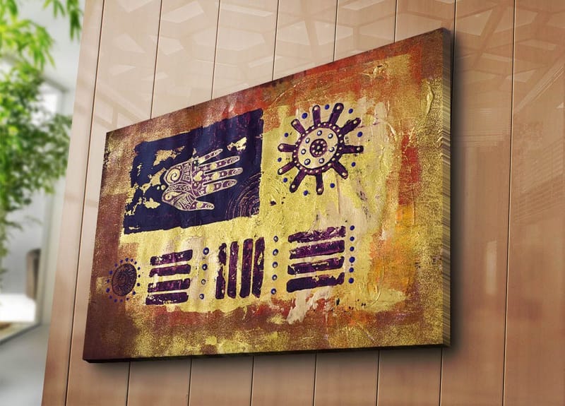 Canvastavla 70x100 cm - Abstrakt konst med symboler och mönster i en färgglad komposition - Guld / Mörkblå / Lila - Inredning - Tavlor & konst - Canvastavlor