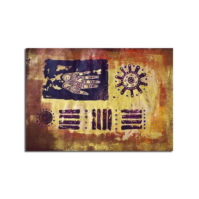 Canvastavla 70x100 cm - Abstrakt konst med symboler och mönster i en färgglad komposition - Guld / Mörkblå / Lila - Inredning - Tavlor & konst - Canvastavlor