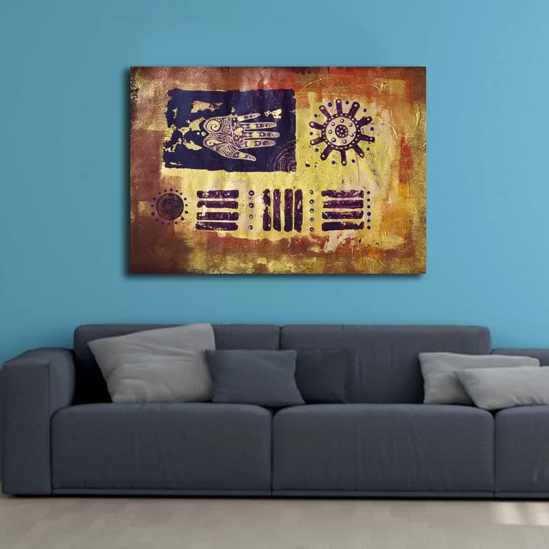 Canvastavla 70x100 cm - Abstrakt konst med symboler och mönster i en färgglad komposition - Guld / Mörkblå / Lila - Inredning - Tavlor & konst - Canvastavlor