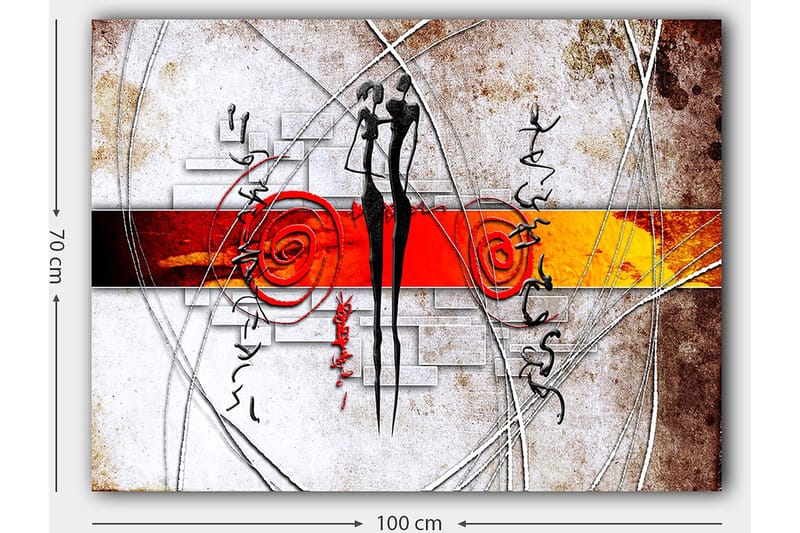 Canvastavla 70x100 cm - Abstrakt konst med två stiliserade figurer som står nära varandra, omgivna av spiraler och linjer - Röd / Svart / Orange - Inredning - Tavlor & konst - Canvastavlor
