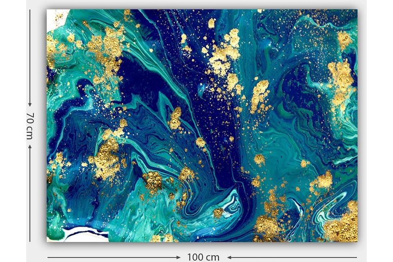 Canvastavla 70x100 cm - Abstrakt konst med virvlande blå och gröna mönster samt inslag av guld - Mörkblå / Turkos / Guld - Inredning - Tavlor & konst - Canvastavlor