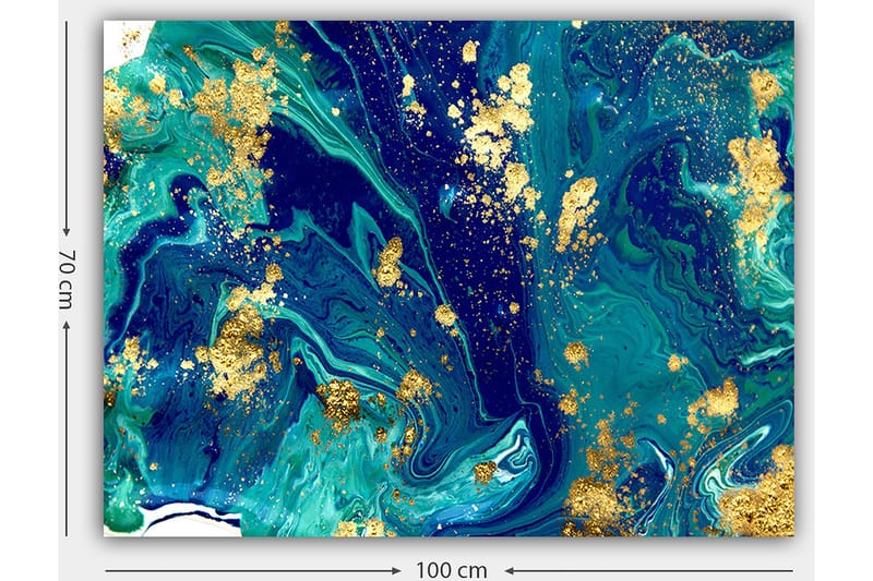 Canvastavla 70x100 cm - Abstrakt konst med virvlande blå och gröna mönster samt inslag av guld - Mörkblå / Turkos / Guld - Inredning - Tavlor & konst - Canvastavlor