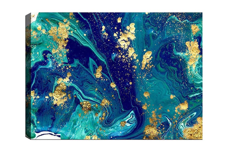 Canvastavla 70x100 cm - Abstrakt konst med virvlande blå och gröna mönster samt inslag av guld, Mörkblå / Turkos / Guld