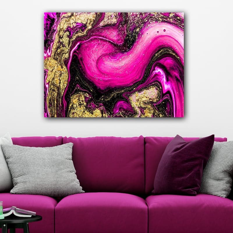 Canvastavla 70x100 cm - Abstrakt konst med virvlande rosa och guldiga mönster - Rosa / Guld / Svart - Inredning - Tavlor & konst - Canvastavlor