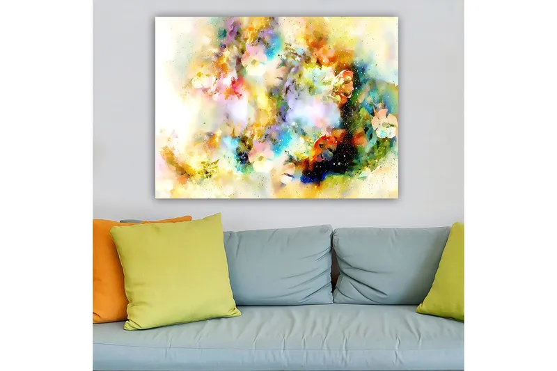 Canvastavla 70x100 cm - Abstrakt konstverk med färgexplosioner som skapar en drömlik atmosfär - Blå / Gul / Rosa - Inredning - Tavlor & konst - Canvastavlor