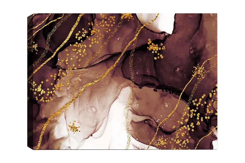 Canvastavla 70x100 cm - Abstrakt konstverk med flödande former och guldinslag, Mörkbrun / Guld / Beige