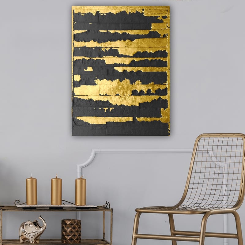 Canvastavla 70x100 cm - Abstrakt konstverk med guld- och svartfärgade linjer som skapar en dynamisk och modern komposition - Guld / Svart - Inredning - Tavlor & konst - Canvastavlor