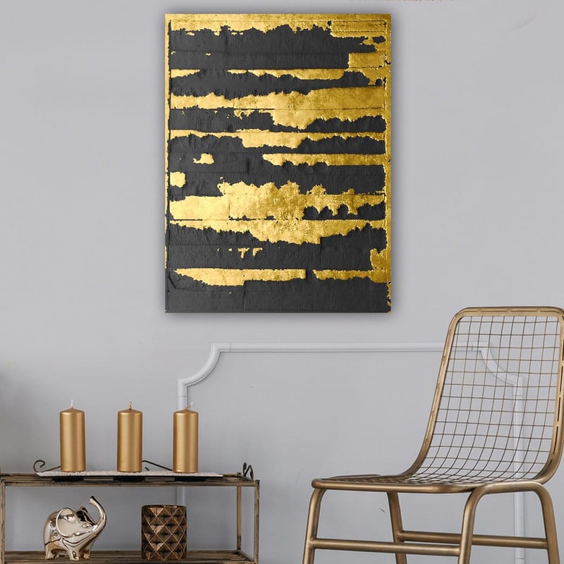 Canvastavla 70x100 cm - Abstrakt konstverk med guld- och svartfärgade linjer som skapar en dynamisk och modern komposition - Guld / Svart - Inredning - Tavlor & konst - Canvastavlor
