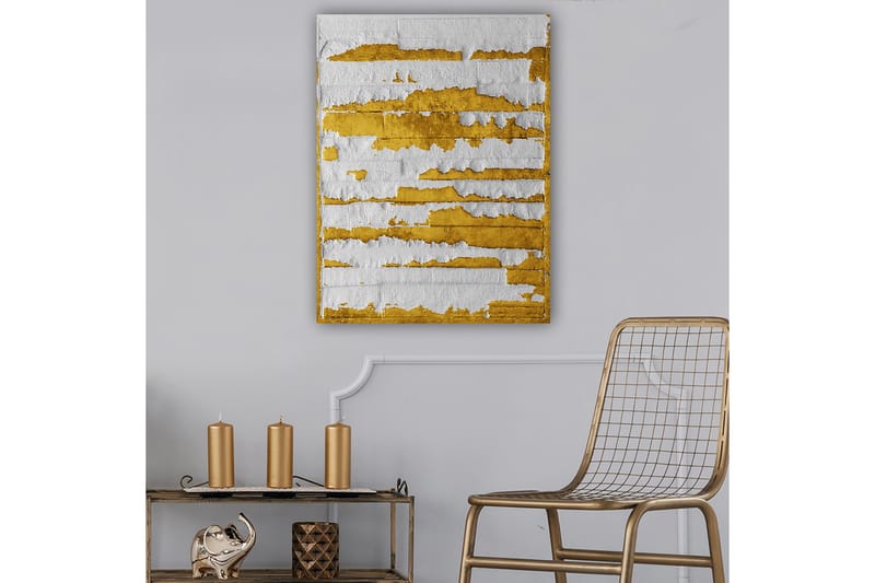 Canvastavla 70x100 cm - Abstrakt konstverk med guld- och vitfärgade linjer som skapar en dynamisk textur, Guld / Vit