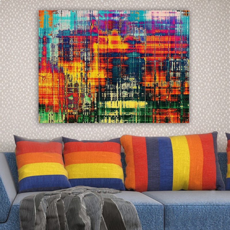 Canvastavla 70x100 cm - Abstrakt konstverk med livliga färger och dynamiska mönster - Turkos / Orange / Mörkblå - Inredning - Tavlor & konst - Canvastavlor