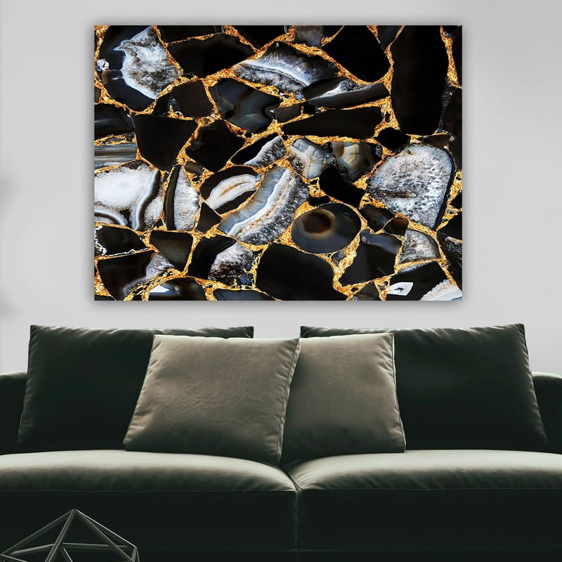 Canvastavla 70x100 cm - Abstrakt konstverk med mönster av svarta och grå stenar med guldiga inslag - Svart / Grå / Guld - Inredning - Tavlor & konst - Canvastavlor