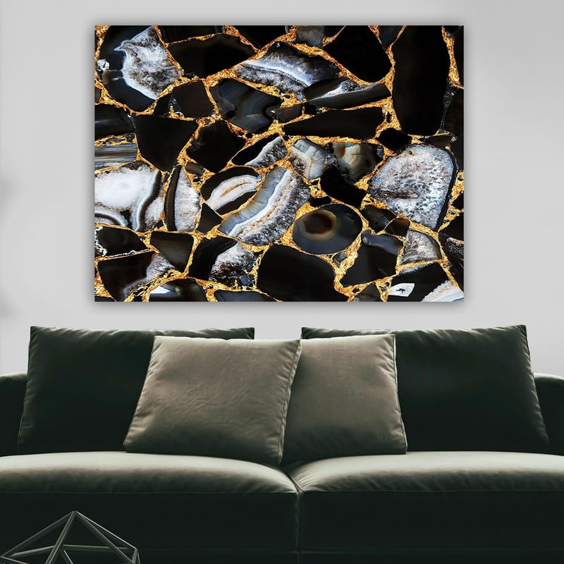 Canvastavla 70x100 cm - Abstrakt konstverk med mönster av svarta och grå stenar med guldiga inslag - Svart / Grå / Guld - Inredning - Tavlor & konst - Canvastavlor