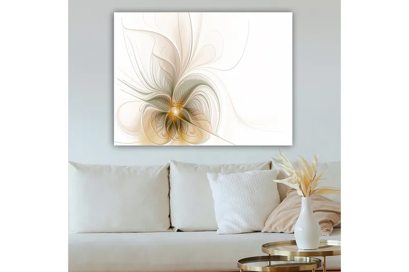 Canvastavla 70x100 cm - Abstrakt konstverk med svävande linjer och former som skapar en känsla av rörelse och ljus - Ljusbeige / Guld / Grå - Inredning - Tavlor & konst - Canvastavlor