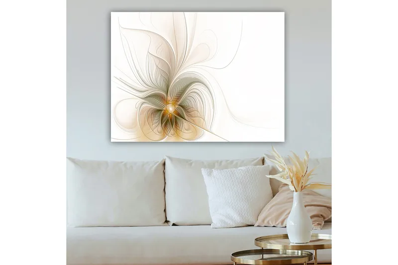 Canvastavla 70x100 cm - Abstrakt konstverk med svävande linjer och former som skapar en känsla av rörelse och ljus - Ljusbeige / Guld / Grå - Inredning - Tavlor & konst - Canvastavlor
