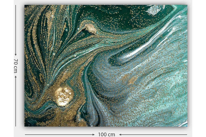 Canvastavla 70x100 cm - Abstrakt konstverk med svarta och guldiga mönster som skapar en känsla av rörelse och djup - Mörkgrön / Guld / Ljusblå - Inredning - Tavlor & konst - Canvastavlor