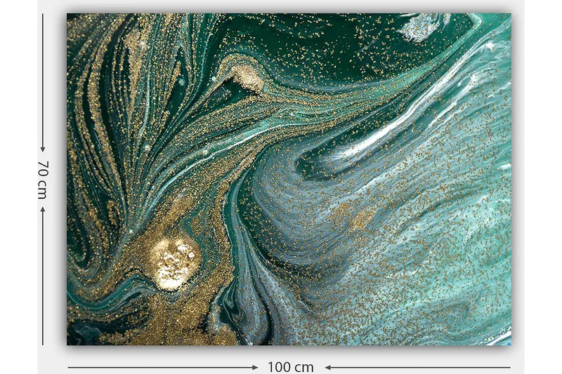 Canvastavla 70x100 cm - Abstrakt konstverk med svarta och guldiga mönster som skapar en känsla av rörelse och djup - Mörkgrön / Guld / Ljusblå - Inredning - Tavlor & konst - Canvastavlor
