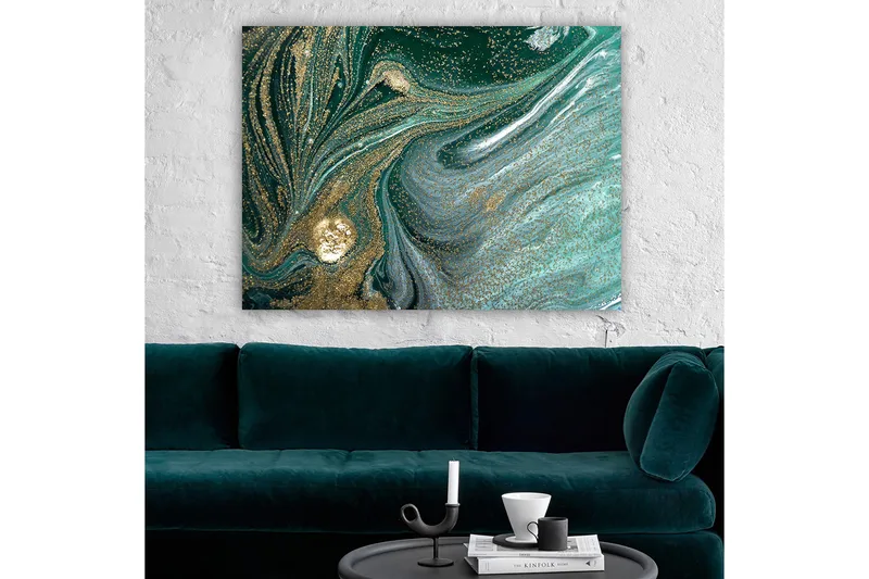 Canvastavla 70x100 cm - Abstrakt konstverk med svarta och guldiga mönster som skapar en känsla av rörelse och djup - Mörkgrön / Guld / Ljusblå - Inredning - Tavlor & konst - Canvastavlor