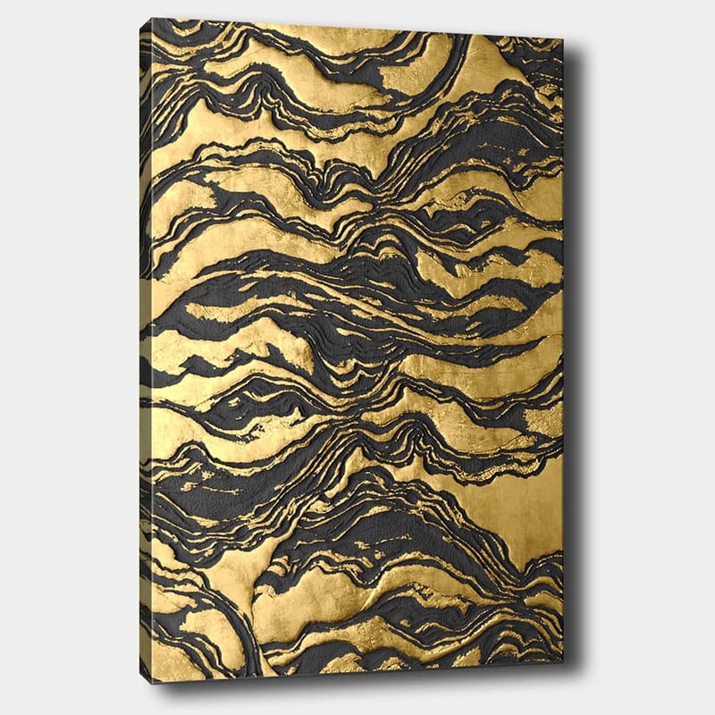 Canvastavla 70x100 cm - Abstrakt konstverk med vågiga mönster i guld och svart - Guld / Svart - Inredning - Tavlor & konst - Canvastavlor