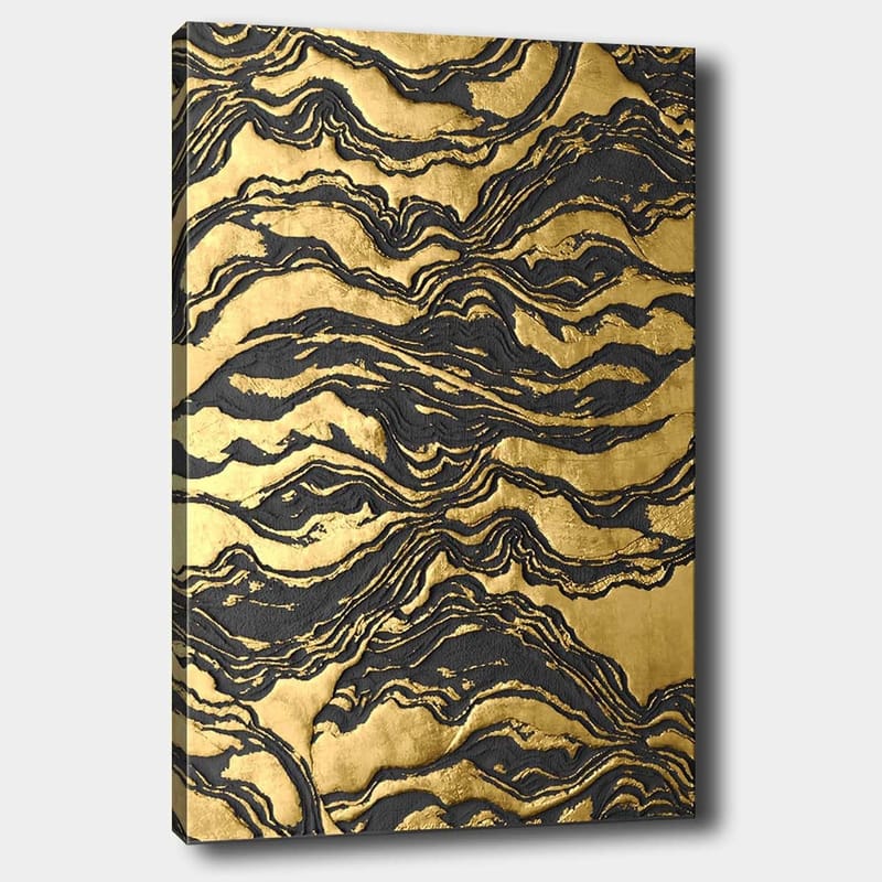 Canvastavla 70x100 cm - Abstrakt konstverk med vågiga mönster i guld och svart - Guld / Svart - Inredning - Tavlor & konst - Canvastavlor