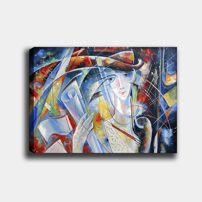 Canvastavla 70x100 cm - Abstrakt kvinna med rullad pergament i handen, omgiven av färgglada former och linjer, Blå / Röd / Vit