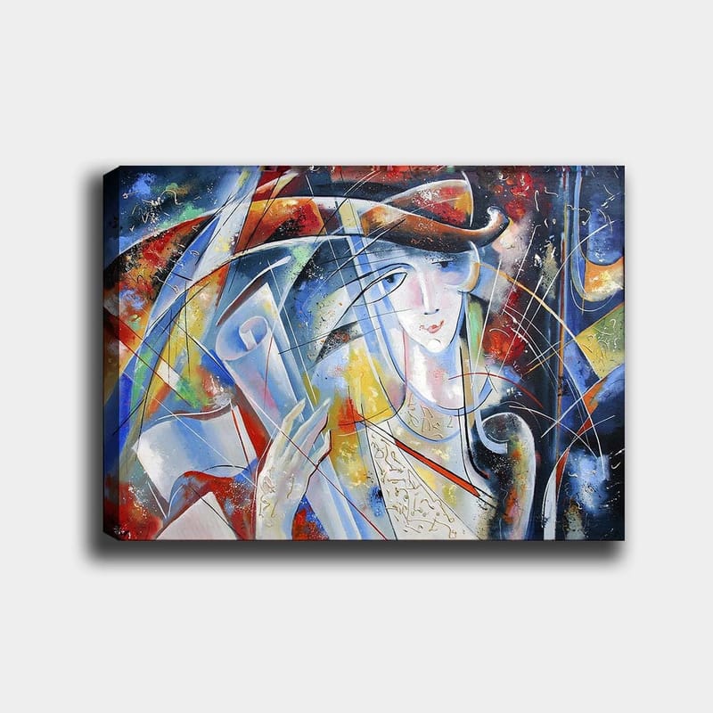 Canvastavla 70x100 cm - Abstrakt kvinna med rullad pergament i handen, omgiven av färgglada former och linjer, Blå / Röd / Vit