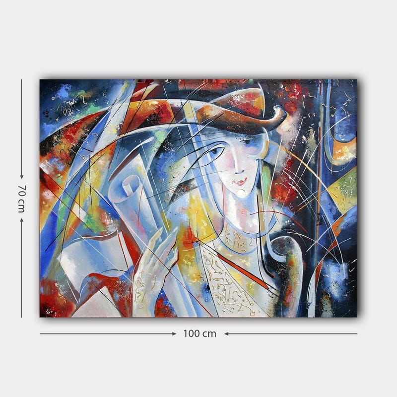 Canvastavla 70x100 cm - Abstrakt kvinna med rullad pergament i handen, omgiven av färgglada former och linjer - Blå / Röd / Vit - Inredning - Tavlor & konst - Canvastavlor
