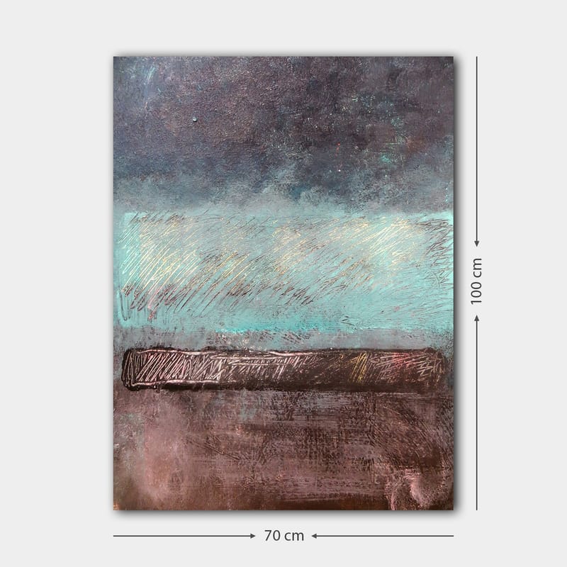 Canvastavla 70x100 cm - Abstrakt landskap med en horisontlinje i dämpade färger - Turkos / Mörkbrun / Grå - Inredning - Tavlor & konst - Canvastavlor