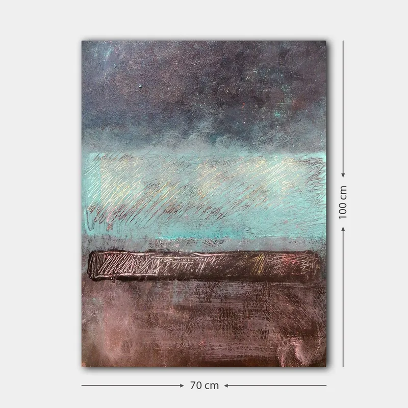 Canvastavla 70x100 cm - Abstrakt landskap med en horisontlinje i dämpade färger - Turkos / Mörkbrun / Grå - Inredning - Tavlor & konst - Canvastavlor