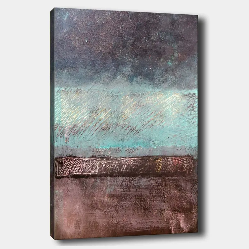 Canvastavla 70x100 cm - Abstrakt landskap med en horisontlinje i dämpade färger - Turkos / Mörkbrun / Grå - Inredning - Tavlor & konst - Canvastavlor