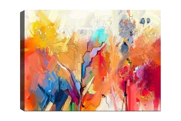 Canvastavla 70x100 cm - Abstrakt landskap med färgsprakande former och dynamiska linjer - Orange / Gult / Blått - Inredning - Tavlor & konst - Canvastavlor