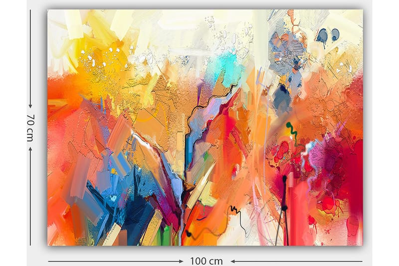 Canvastavla 70x100 cm - Abstrakt landskap med färgsprakande former och dynamiska linjer - Orange / Gult / Blått - Inredning - Tavlor & konst - Canvastavlor