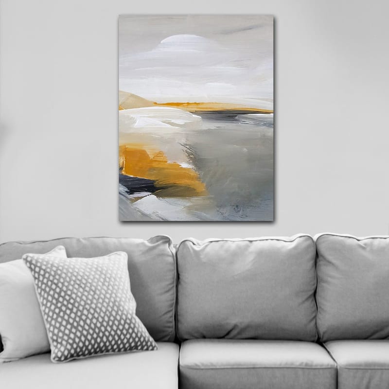 Canvastavla 70x100 cm - Abstrakt landskap med mjuka former och harmoniska färger - Grå / Vit / Gulorange - Inredning - Tavlor & konst - Canvastavlor