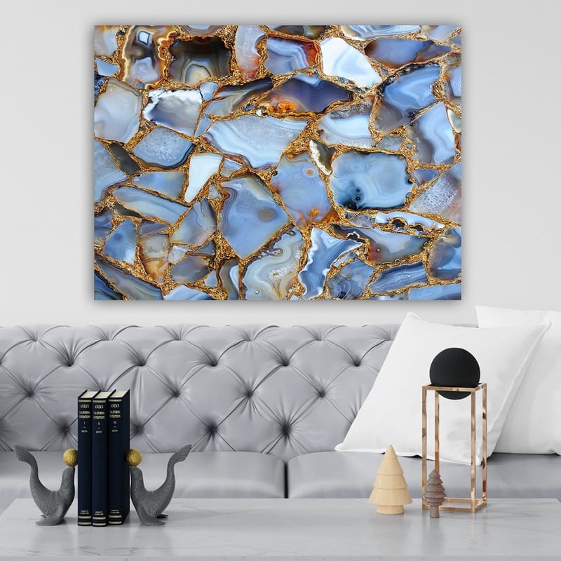 Canvastavla 70x100 cm - Abstrakt mönster av blå och gyllene agater - Blå / Gyllene / Vit - Inredning - Tavlor & konst - Canvastavlor