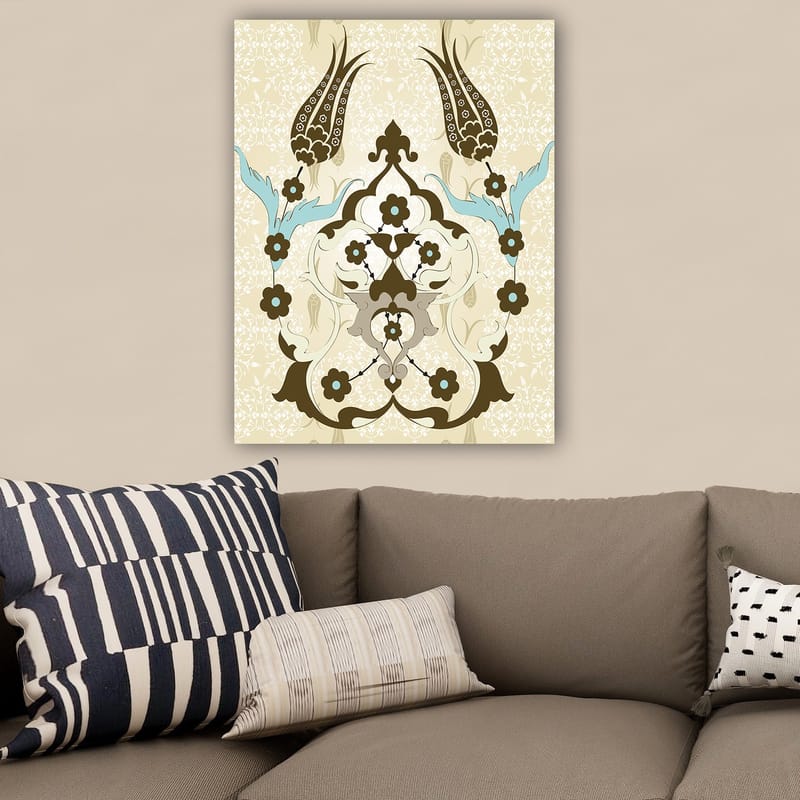 Canvastavla 70x100 cm - Abstrakt mönster med blommor och växtmotiv i en elegant design - Mörkbrun / Ljusblå / Beige - Inredning - Tavlor & konst - Canvastavlor