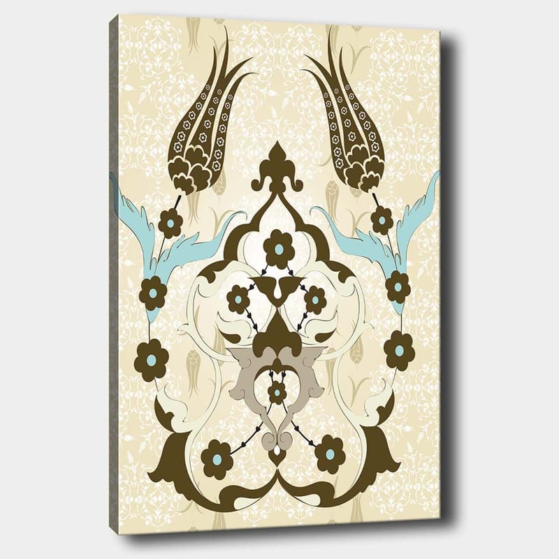 Canvastavla 70x100 cm - Abstrakt mönster med blommor och växtmotiv i en elegant design, Mörkbrun / Ljusblå / Beige