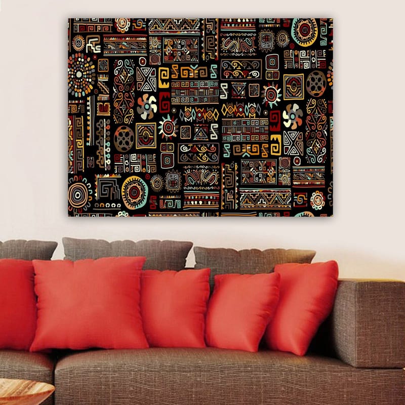 Canvastavla 70x100 cm - Abstrakt mönster med geometriska former och symboler i en färgglad komposition - Svart / Röd / Gul - Inredning - Tavlor & konst - Canvastavlor