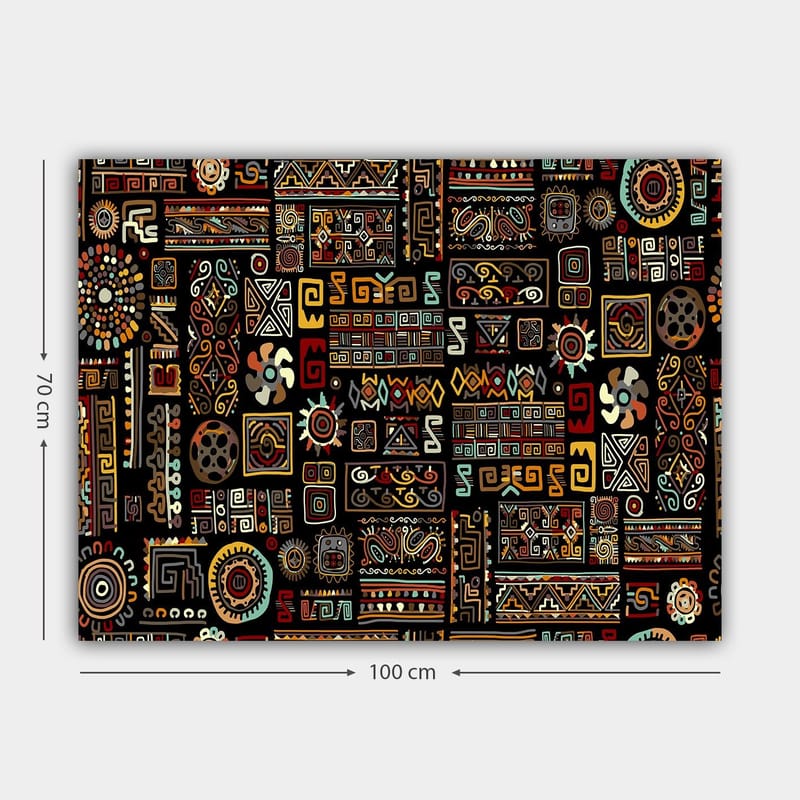 Canvastavla 70x100 cm - Abstrakt mönster med geometriska former och symboler i en färgglad komposition - Svart / Röd / Gul - Inredning - Tavlor & konst - Canvastavlor