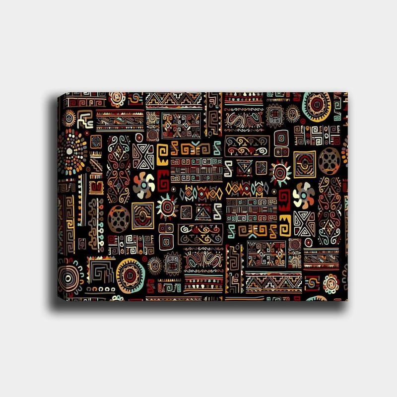 Canvastavla 70x100 cm - Abstrakt mönster med geometriska former och symboler i en färgglad komposition, Svart / Röd / Gul