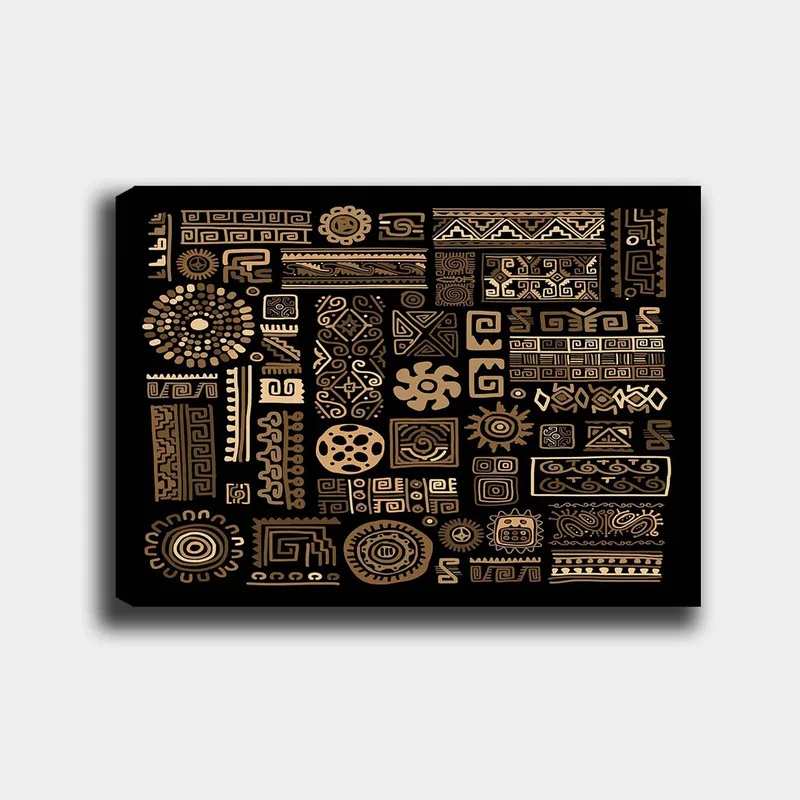 Canvastavla 70x100 cm - Abstrakt mönster med geometriska former och symboler i guld mot en svart bakgrund, Guld / Svart