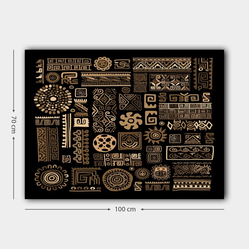 Canvastavla 70x100 cm - Abstrakt mönster med geometriska former och symboler i guld mot en svart bakgrund - Guld / Svart - Inredning - Tavlor & konst - Canvastavlor