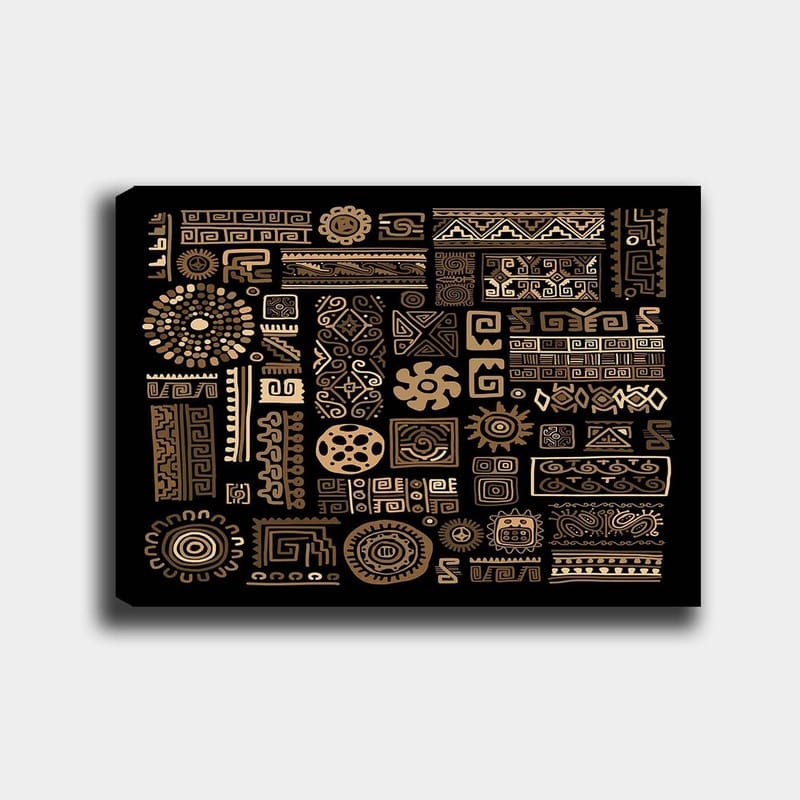 Canvastavla 70x100 cm - Abstrakt mönster med geometriska former och symboler i guld mot en svart bakgrund, Guld / Svart