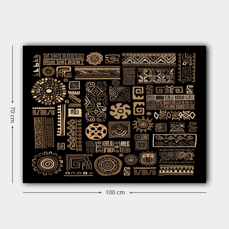 Canvastavla 70x100 cm - Abstrakt mönster med geometriska former och symboler i guld mot en svart bakgrund - Guld / Svart - Inredning - Tavlor & konst - Canvastavlor