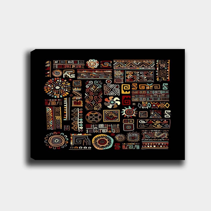 Canvastavla 70x100 cm - Abstrakt mönster med geometriska former och symboler i starka färger - Röd / Gul / Svart - Inredning - Tavlor & konst - Canvastavlor